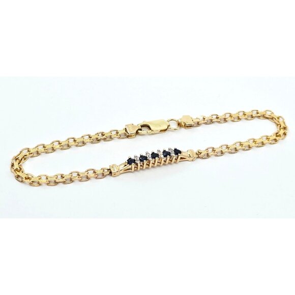 Unique 14K Yellow Gold Diamond & Blue Spinel Tennis Link Bracelet - 7.75" Length - Picture 1 of 12